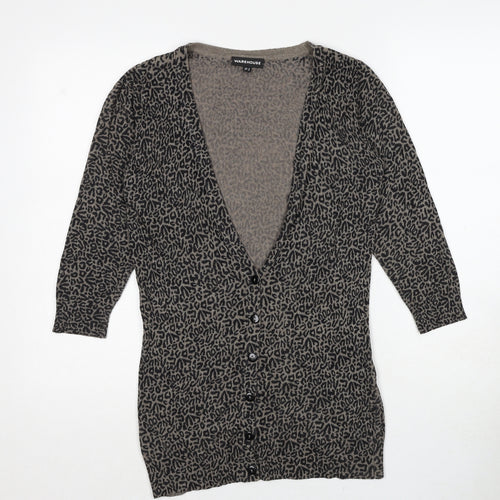 Warehouse Womens Black V-Neck Animal Print Viscose Cardigan Jumper Size 6 - Leopard Pattern