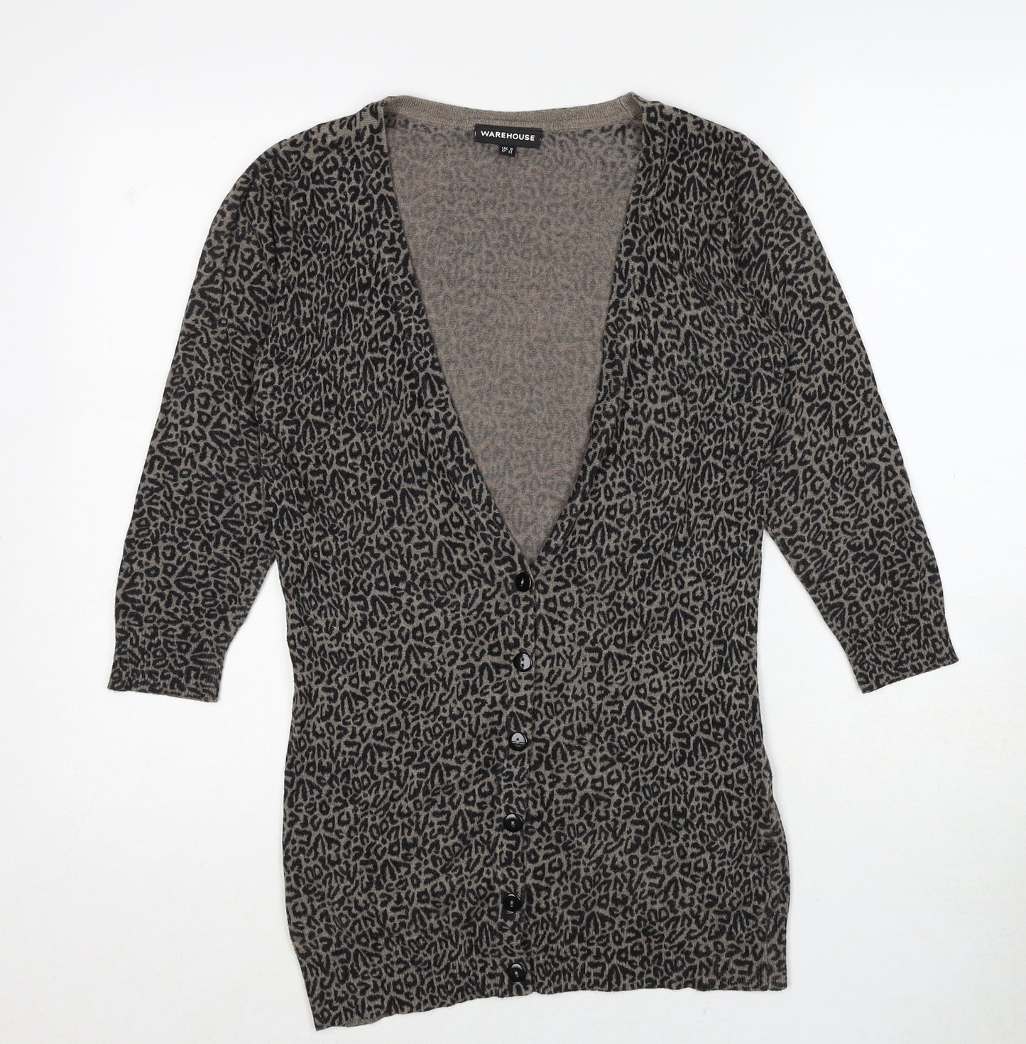 Warehouse Womens Black V-Neck Animal Print Viscose Cardigan Jumper Size 6 - Leopard Pattern