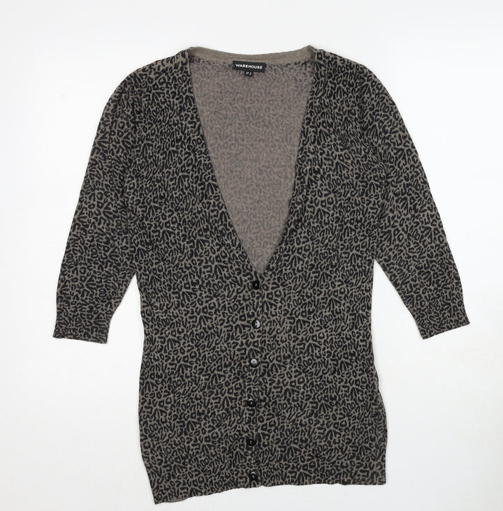 Warehouse Womens Black V-Neck Animal Print Viscose Cardigan Jumper Size 6 - Leopard Pattern