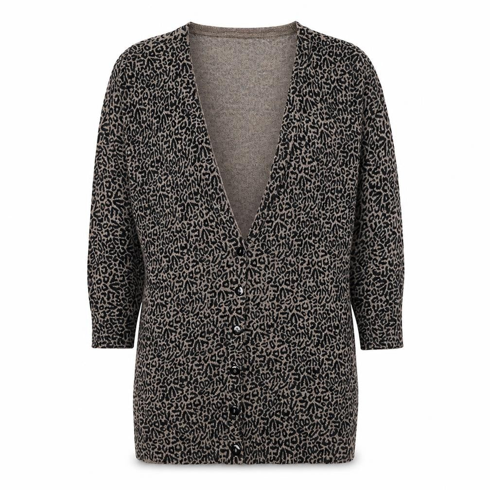 Warehouse Womens Black V-Neck Animal Print Viscose Cardigan Jumper Size 6 - Leopard Pattern