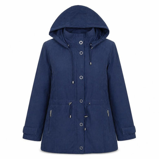 Front view of Finesse women’s blue jacket, size UK 12, zip