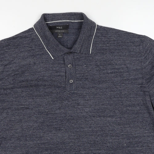 Marks and Spencer Mens Blue Geometric Cotton Polo Size XL Collared Pullover