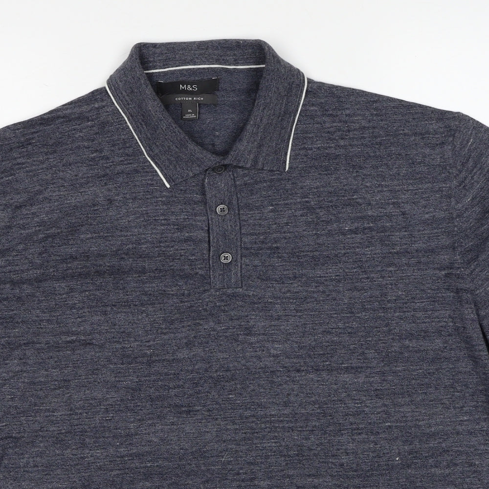 Marks and Spencer Mens Blue Geometric Cotton Polo Size XL Collared Pullover