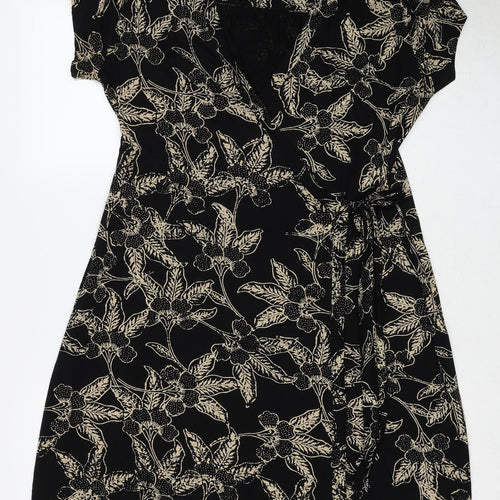 INDISKA Womens Black Geometric Viscose Wrap Dress Size XL V-Neck Tie