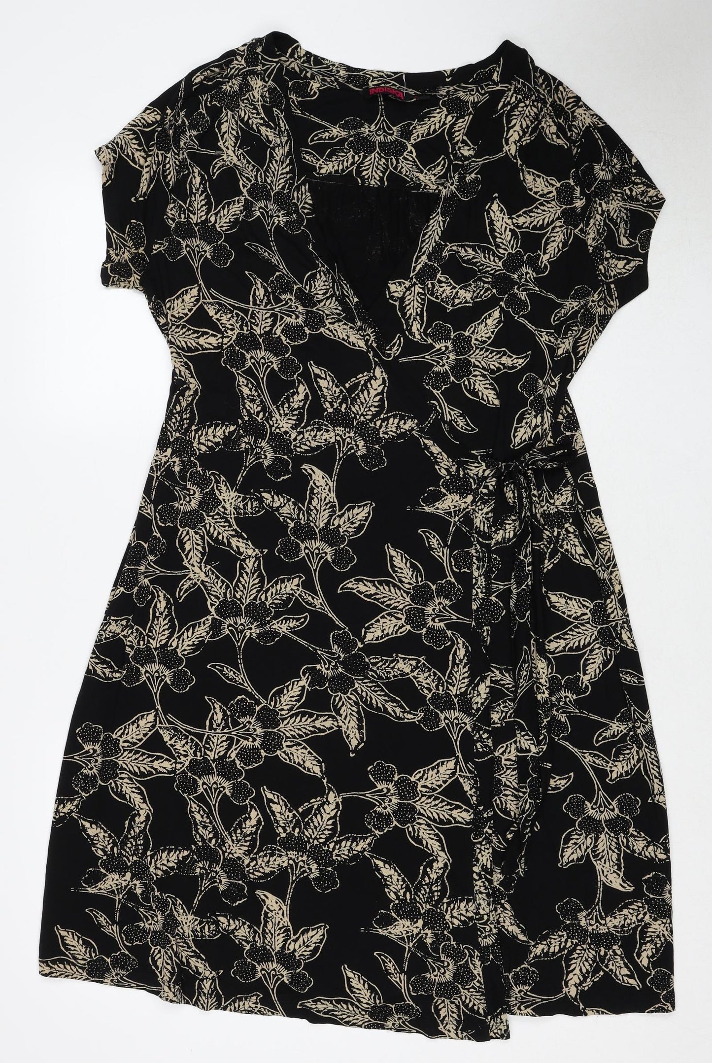 INDISKA Womens Black Geometric Viscose Wrap Dress Size XL V-Neck Tie