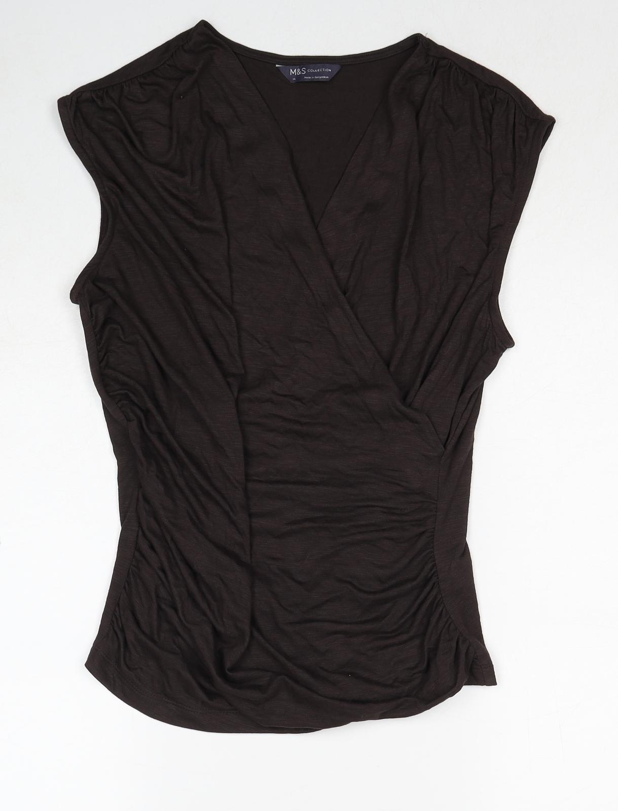 Marks and Spencer Womens Brown Modal Basic Blouse Size 10 V-Neck - Wrap Front Detail