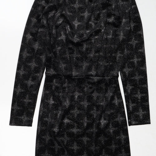 Zara Womens Black Geometric Polyester Shift Size S Mock Neck Button