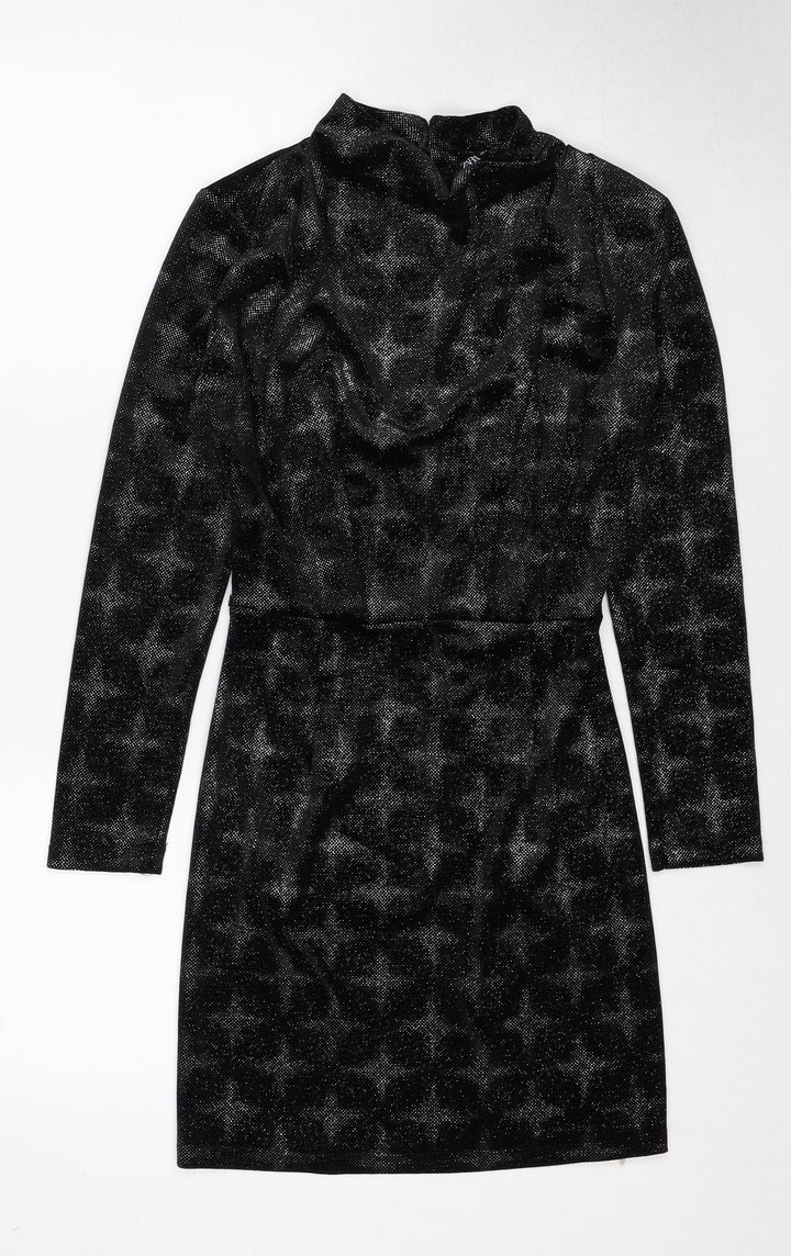 Zara Womens Black Geometric Polyester Shift Size S Mock Neck Button