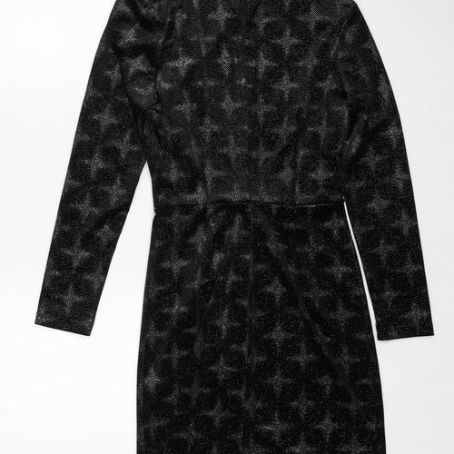 Zara Womens Black Geometric Polyester Shift Size S Mock Neck Button