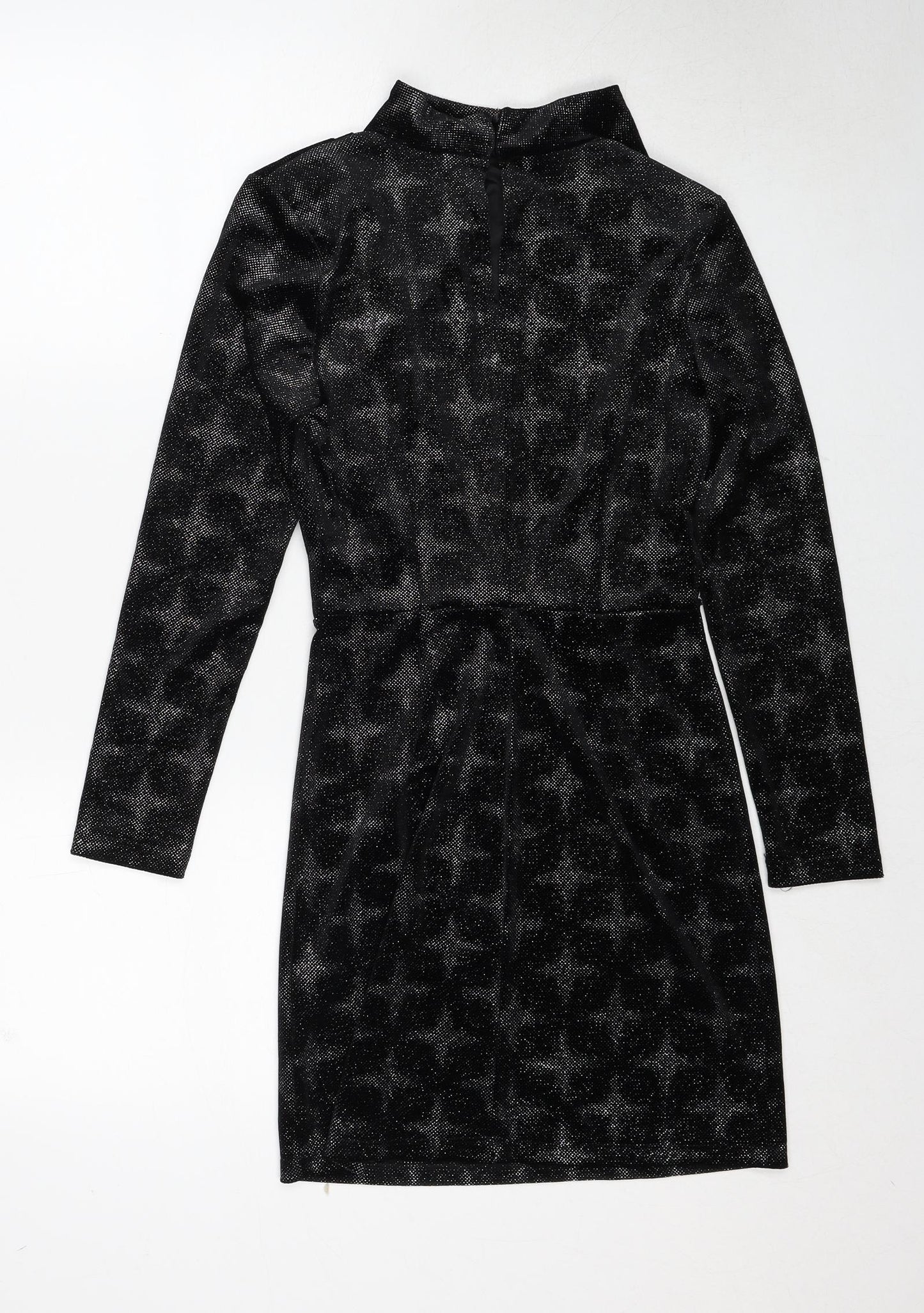 Zara Womens Black Geometric Polyester Shift Size S Mock Neck Button