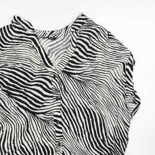 Roman Womens Black Animal Print Viscose Basic Button-Up Size 14 V-Neck - Zebra Print