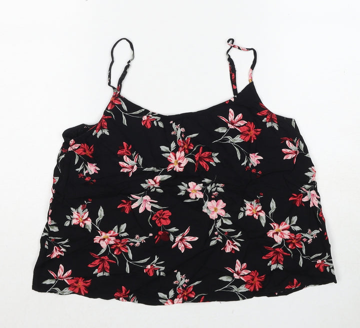 H&M Womens Black Floral Viscose Basic Tank Size 10 Round Neck