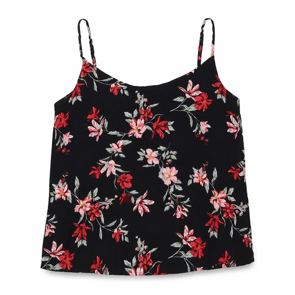 Front view of H&M women’s black floral viscose basic tank, size UK 10, round neck