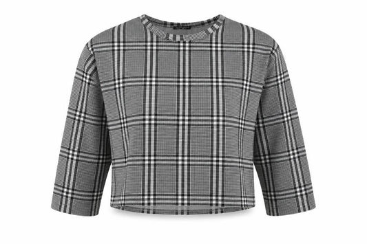 Front view of Innocence women’s black plaid polyester basic t-shirt, size UK 14, round neck