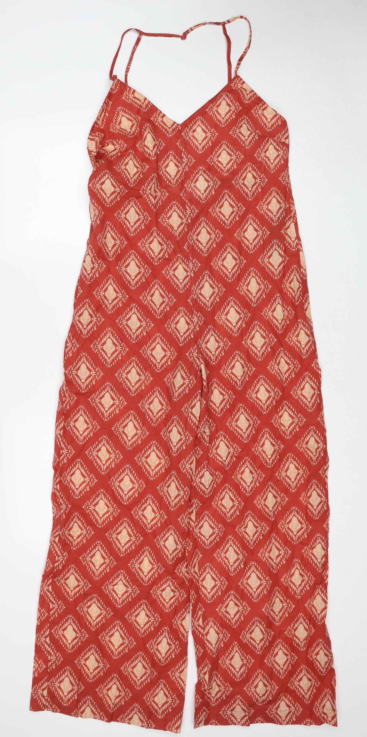 Zara Womens Red Geometric Cotton Jumpsuit One-Piece Size M Pullover