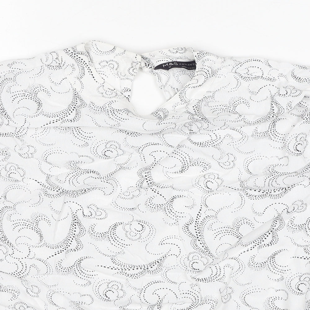 Marks and Spencer Womens White Geometric Viscose Basic Blouse Size 14 Round Neck