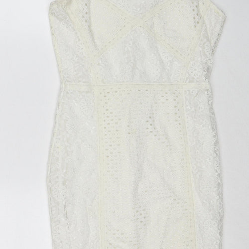 Topshop Womens White Geometric Polyamide Slip Dress Size 8 Square Neck Zip