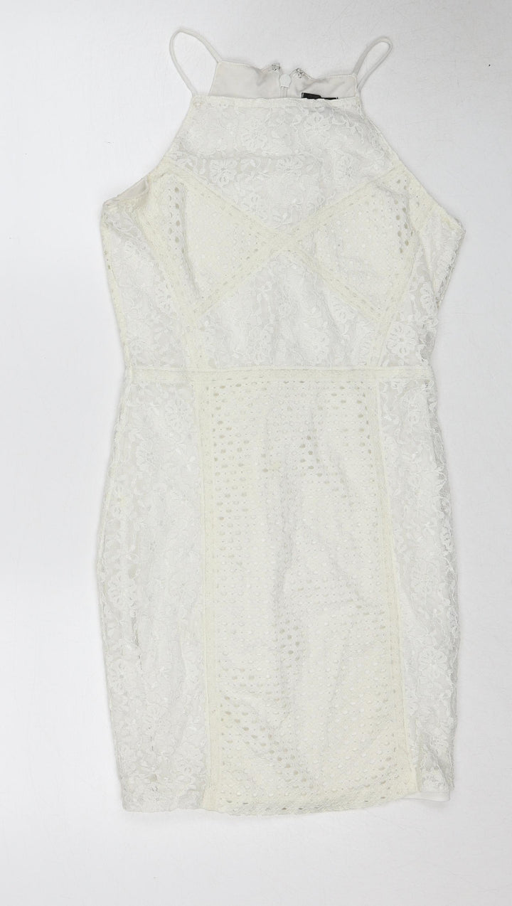 Topshop Womens White Geometric Polyamide Slip Dress Size 8 Square Neck Zip
