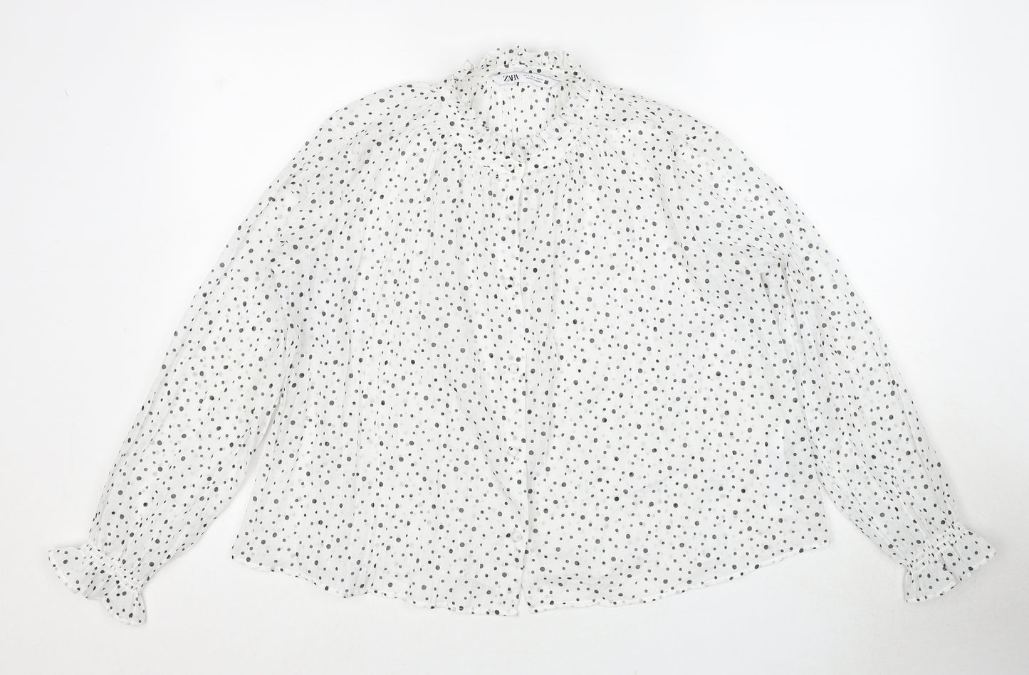 Zara Womens White Polka Dot Polyester Basic Button-Up Size S Mock Neck