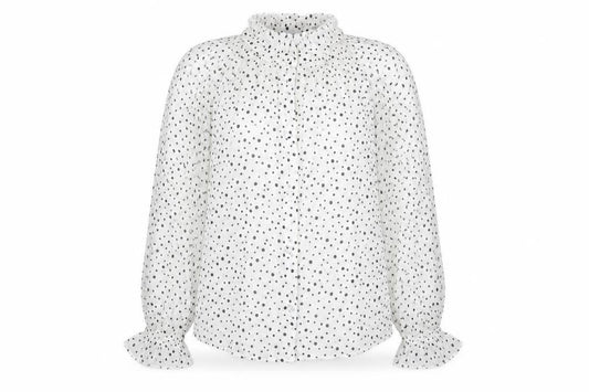 Front view of Zara women’s white polka dot polyester basic button-up, size S, mock neck