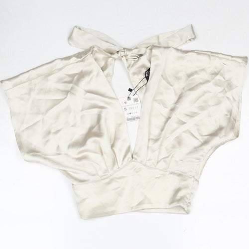 Zara Womens Ivory Polyester Cropped Tank Size S V-Neck - Open Back