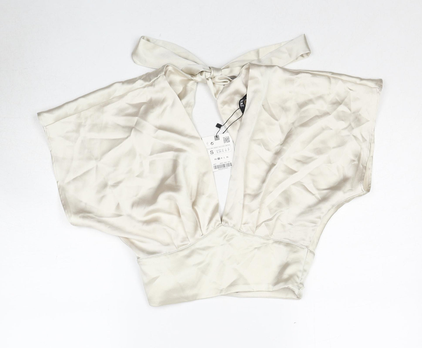 Zara Womens Ivory Polyester Cropped Tank Size S V-Neck - Open Back