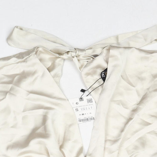 Zara Womens Ivory Polyester Cropped Tank Size S V-Neck - Open Back