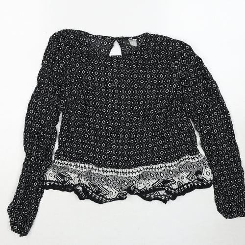 H&M Womens Black Geometric Viscose Basic Blouse Size 10 Round Neck