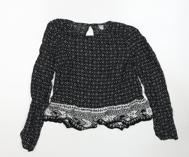 H&M Womens Black Geometric Viscose Basic Blouse Size 10 Round Neck
