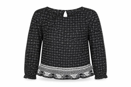 Front view of H&M women’s black geometric viscose basic blouse, size UK 10, round neck