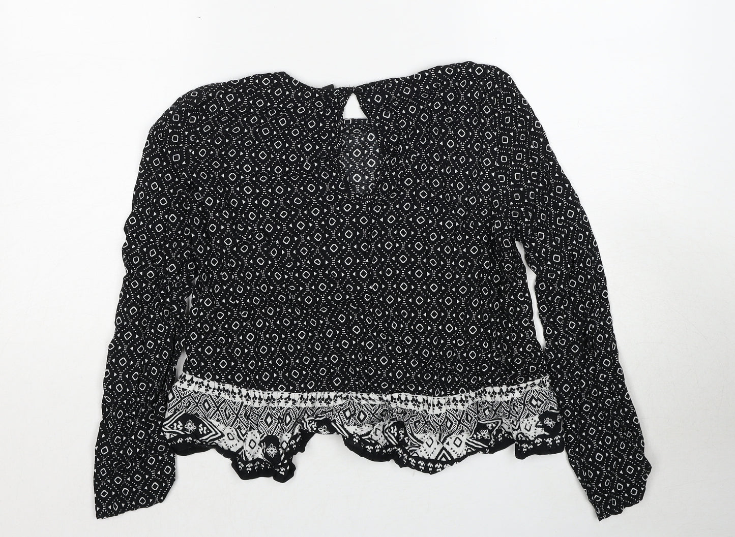 H&M Womens Black Geometric Viscose Basic Blouse Size 10 Round Neck