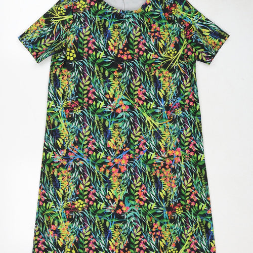 Zara Womens Green Floral Polyester T-Shirt Dress Size S Round Neck Pullover