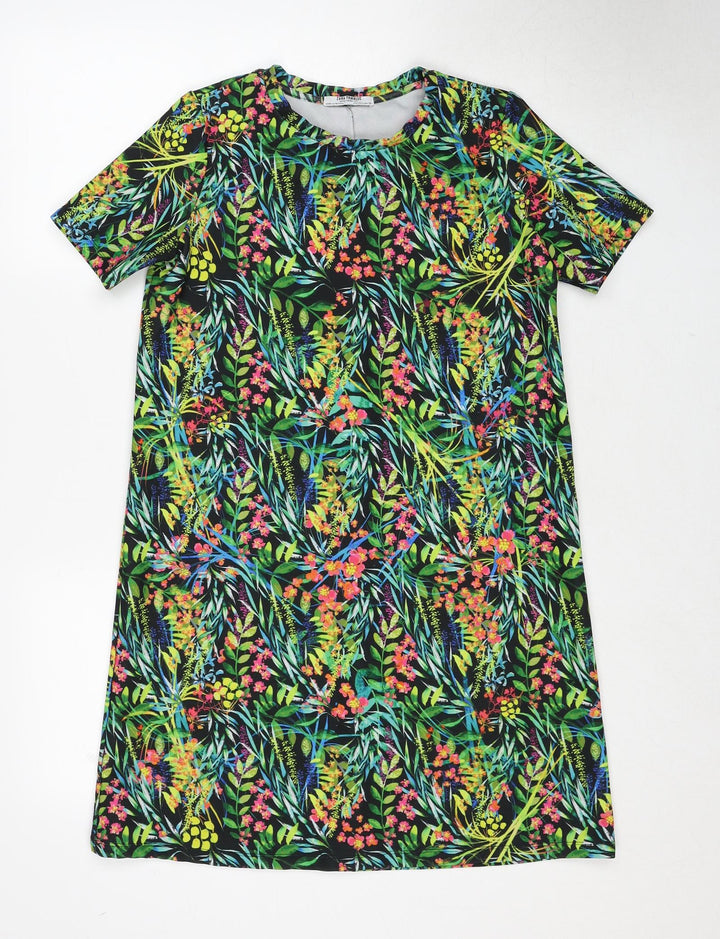 Zara Womens Green Floral Polyester T-Shirt Dress Size S Round Neck Pullover