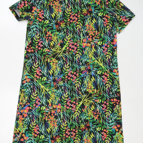 Zara Womens Green Floral Polyester T-Shirt Dress Size S Round Neck Pullover