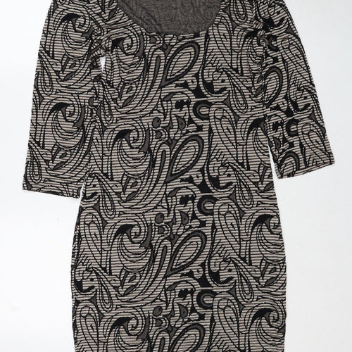 ICHI Womens Black Geometric Viscose A-Line Size L Scoop Neck Pullover