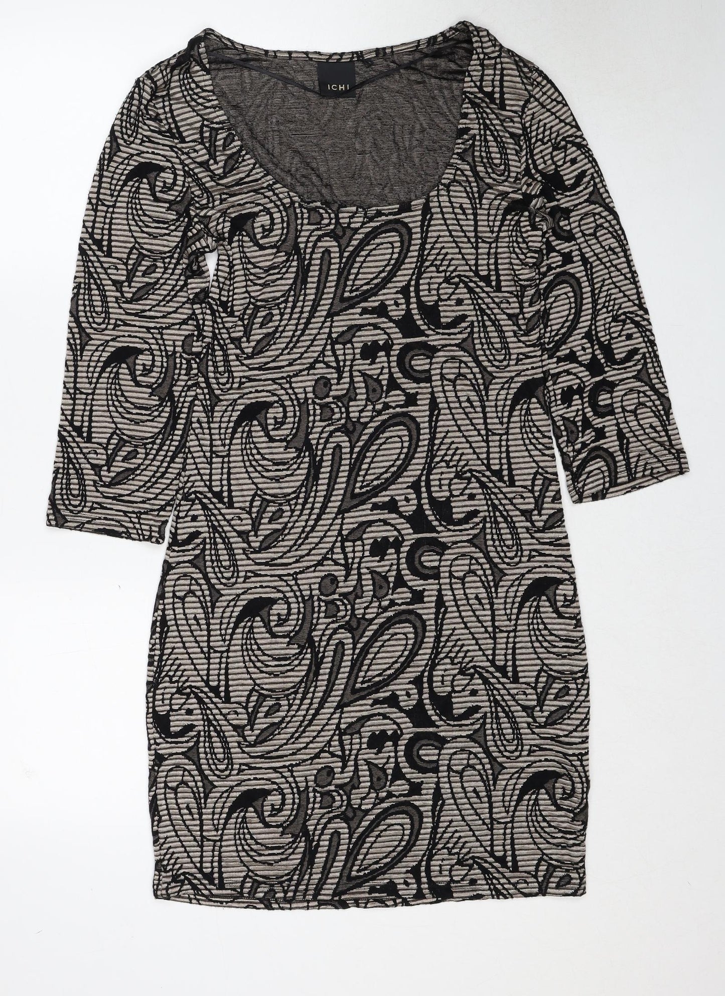 ICHI Womens Black Geometric Viscose A-Line Size L Scoop Neck Pullover