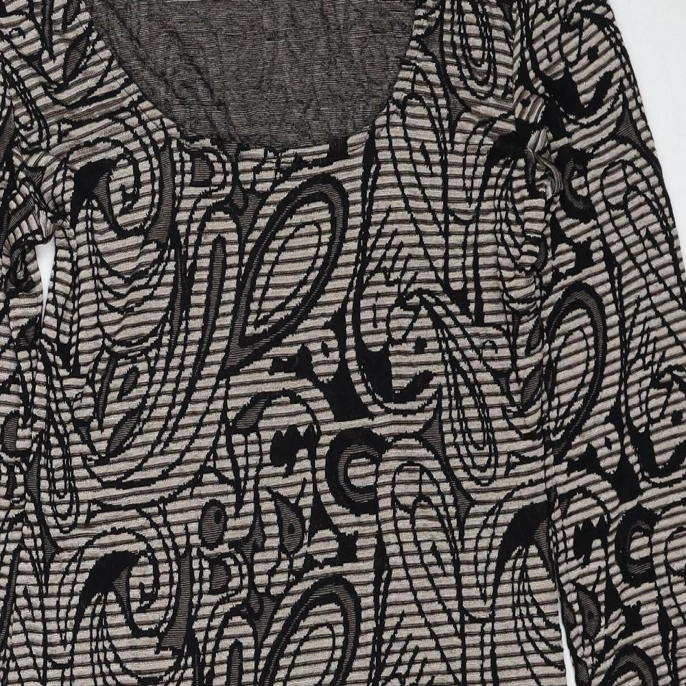 ICHI Womens Black Geometric Viscose A-Line Size L Scoop Neck Pullover