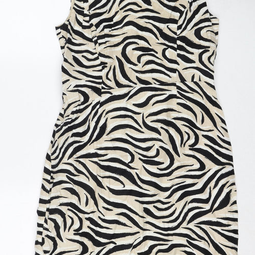 Laura Ashley Womens Beige Animal Print Linen Shift Size 12 Round Neck Zip - Tiger Pattern