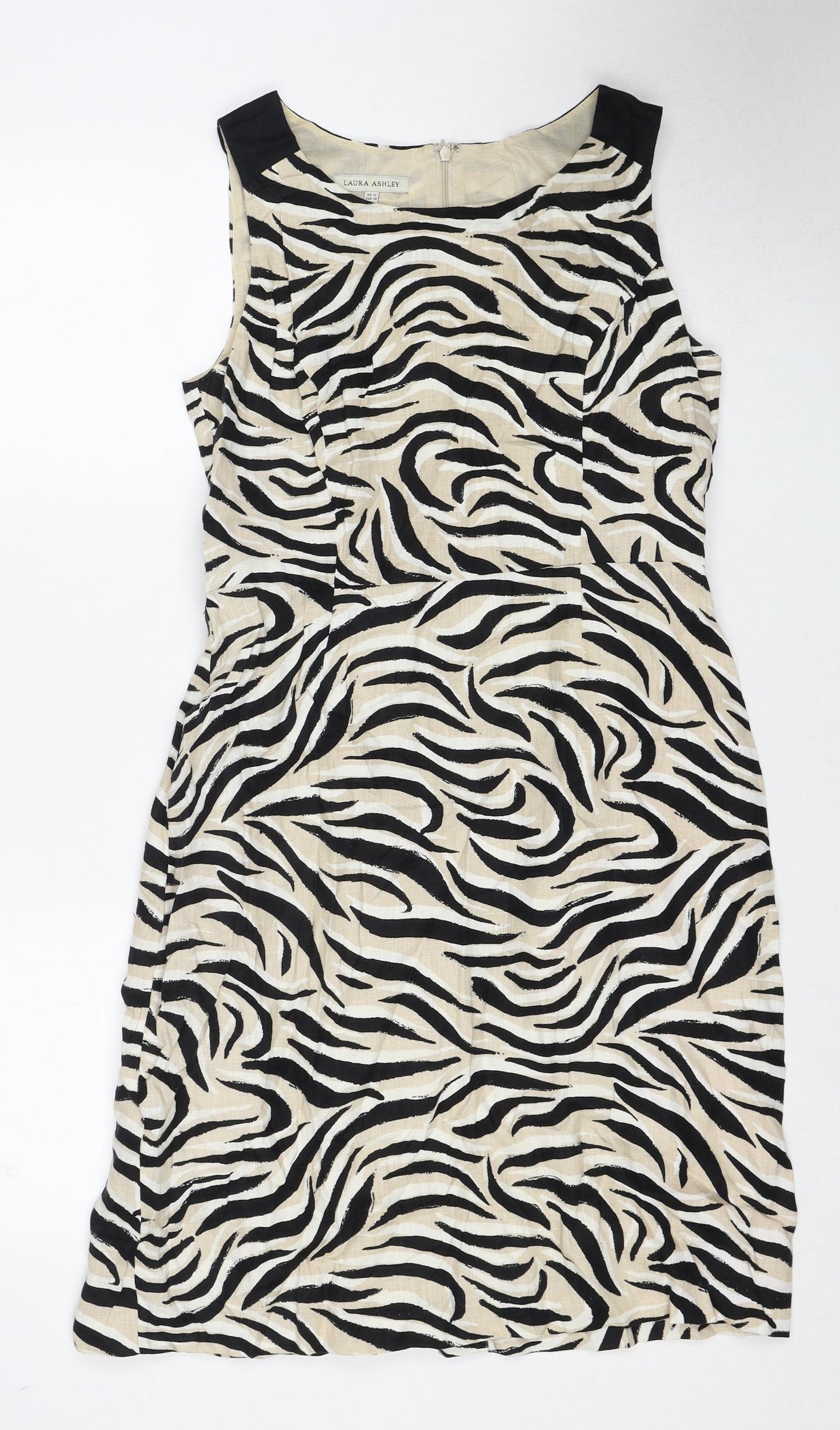 Laura Ashley Womens Beige Animal Print Linen Shift Size 12 Round Neck Zip - Tiger Pattern