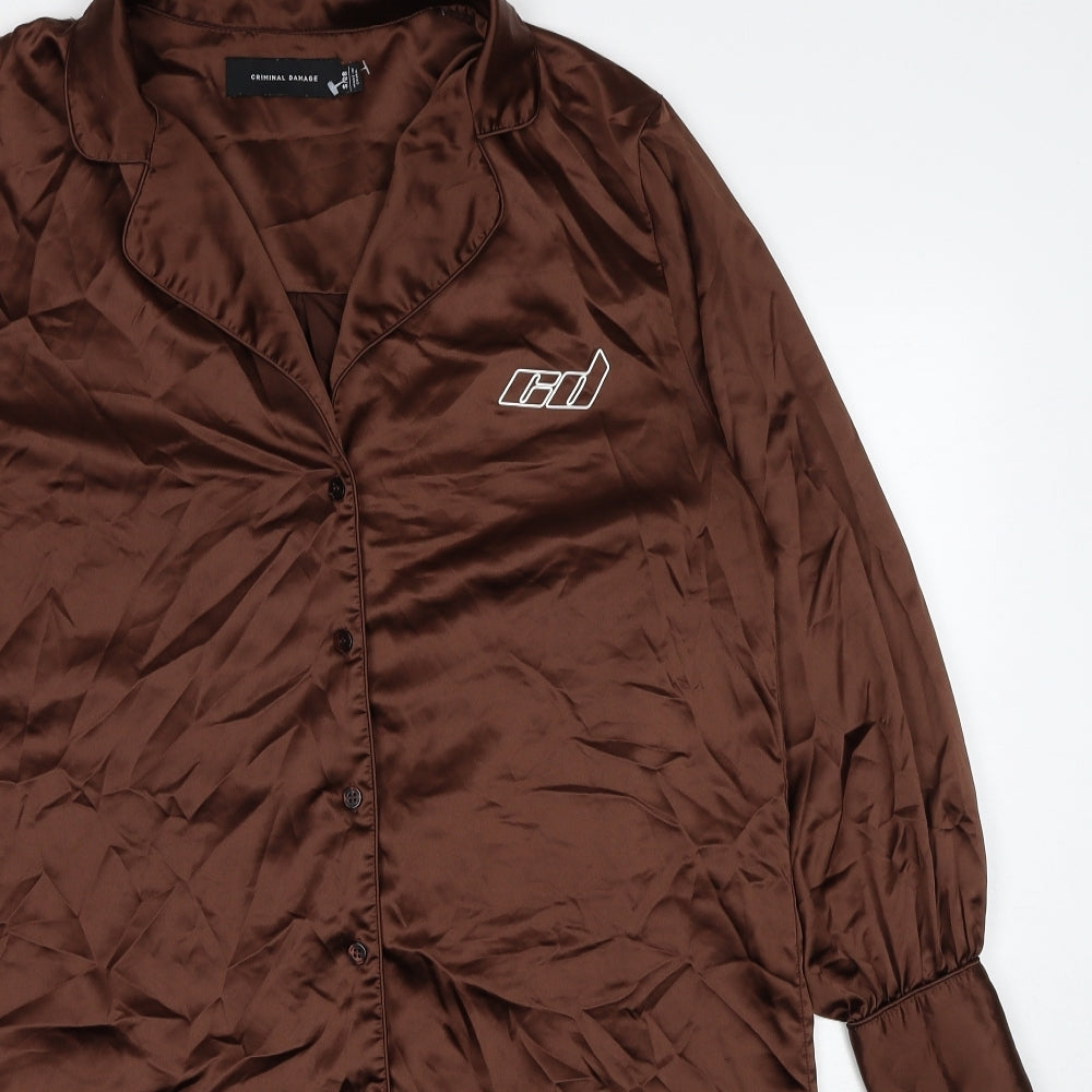 Criminal Damage Womens Brown Solid Polyester Top Nightshirt Size S Button
