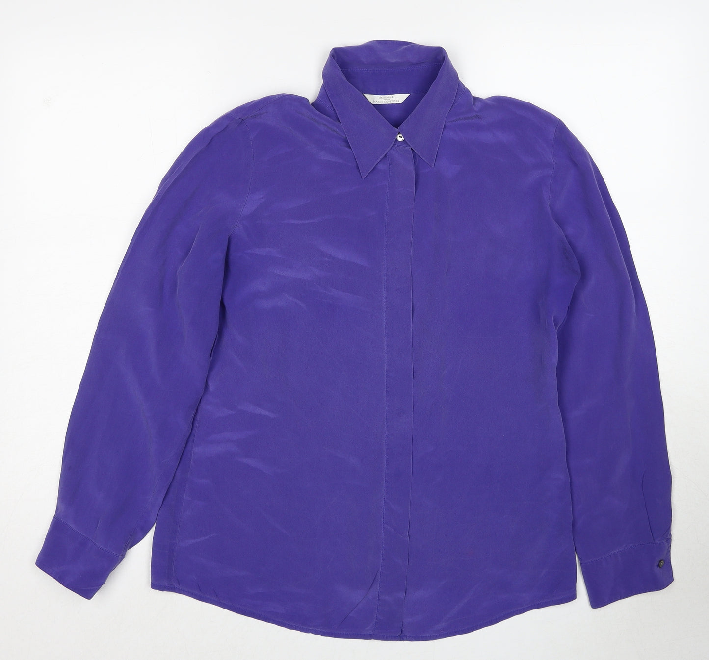 Marks and Spencer Womens Purple Silk Basic Button-Up Size 12 Collared