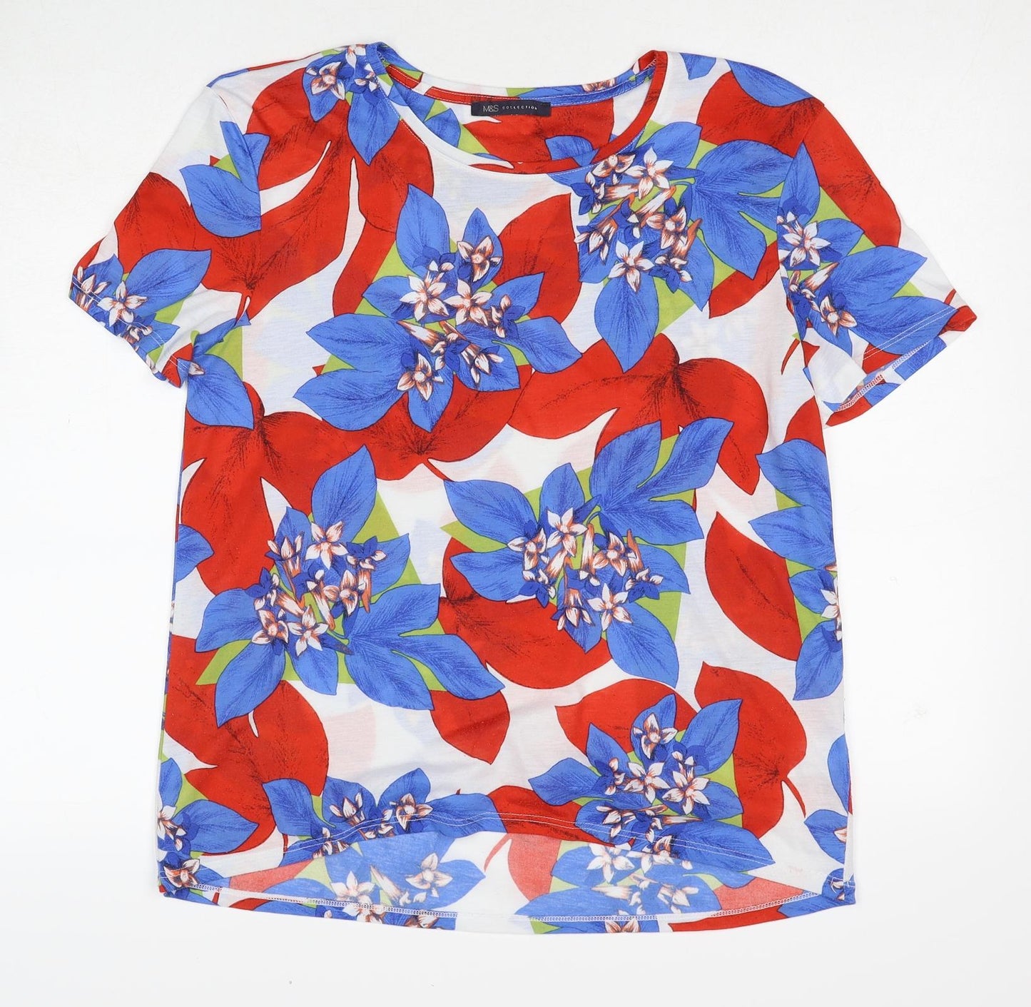 Marks and Spencer Womens Multicoloured Geometric Polyester Basic T-Shirt Size 14 Round Neck