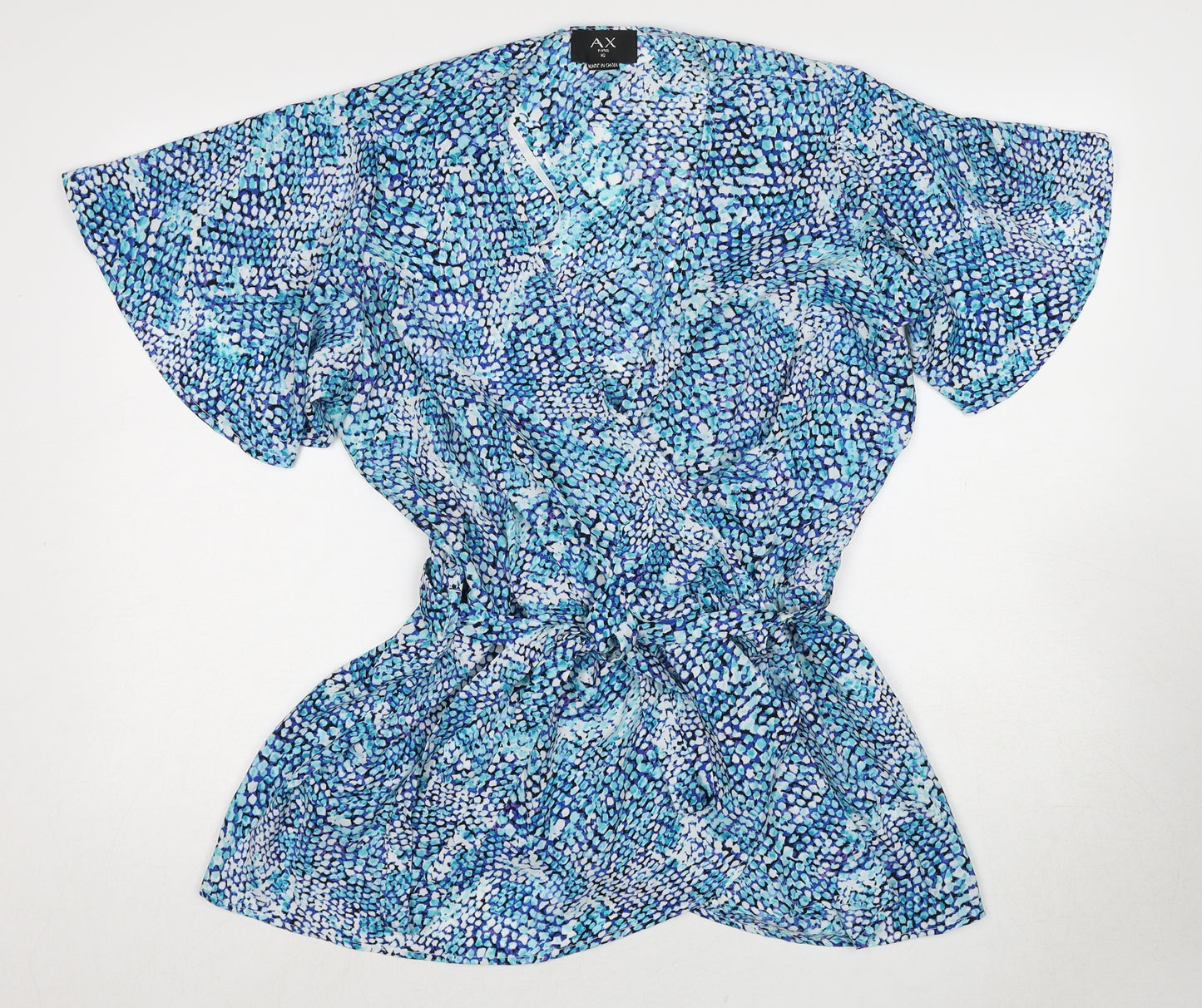AX Paris Womens Blue Geometric Polyester Wrap Blouse Size 16 V-Neck - Angel Sleeve