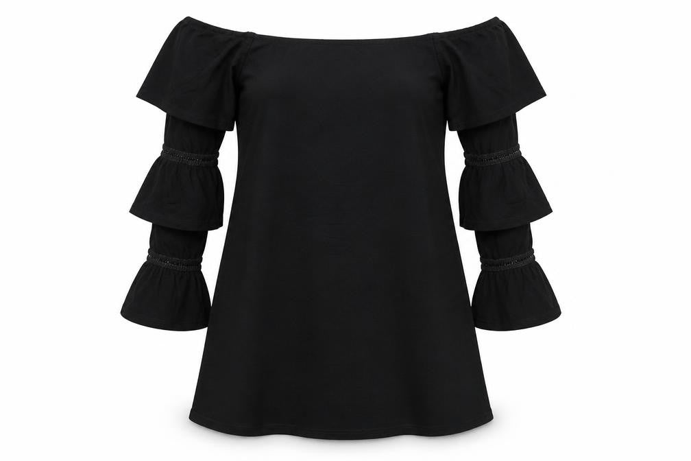 Front view of ASOS women’s black viscose a-line, size UK 8, off the shoulder pullover