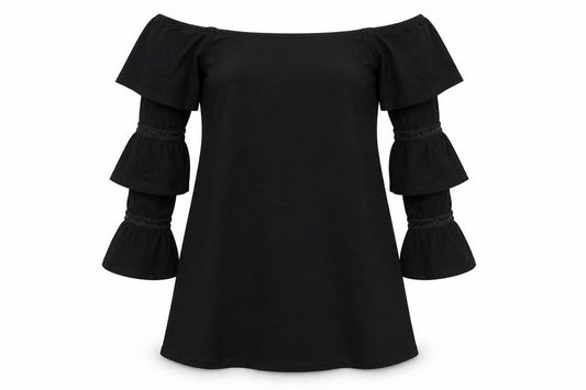 Front view of ASOS women’s black viscose a-line, size UK 8, off the shoulder pullover