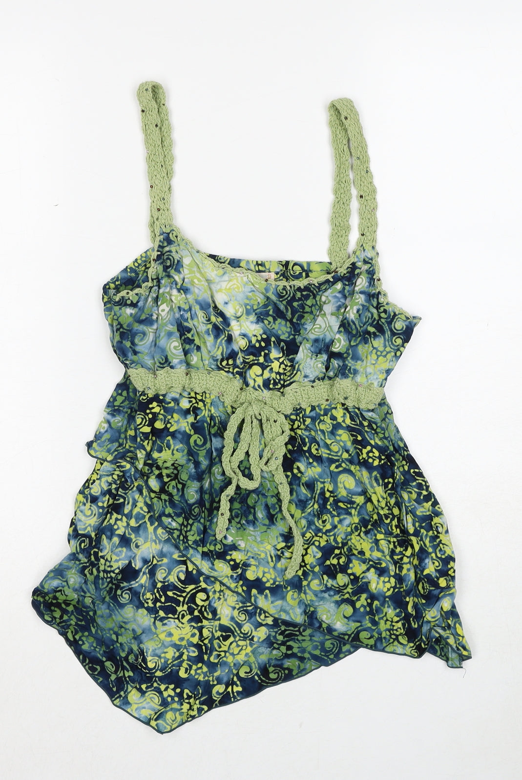 Santiki Womens Green Geometric Cotton Camisole Tank Size M Scoop Neck - Crochet Detail