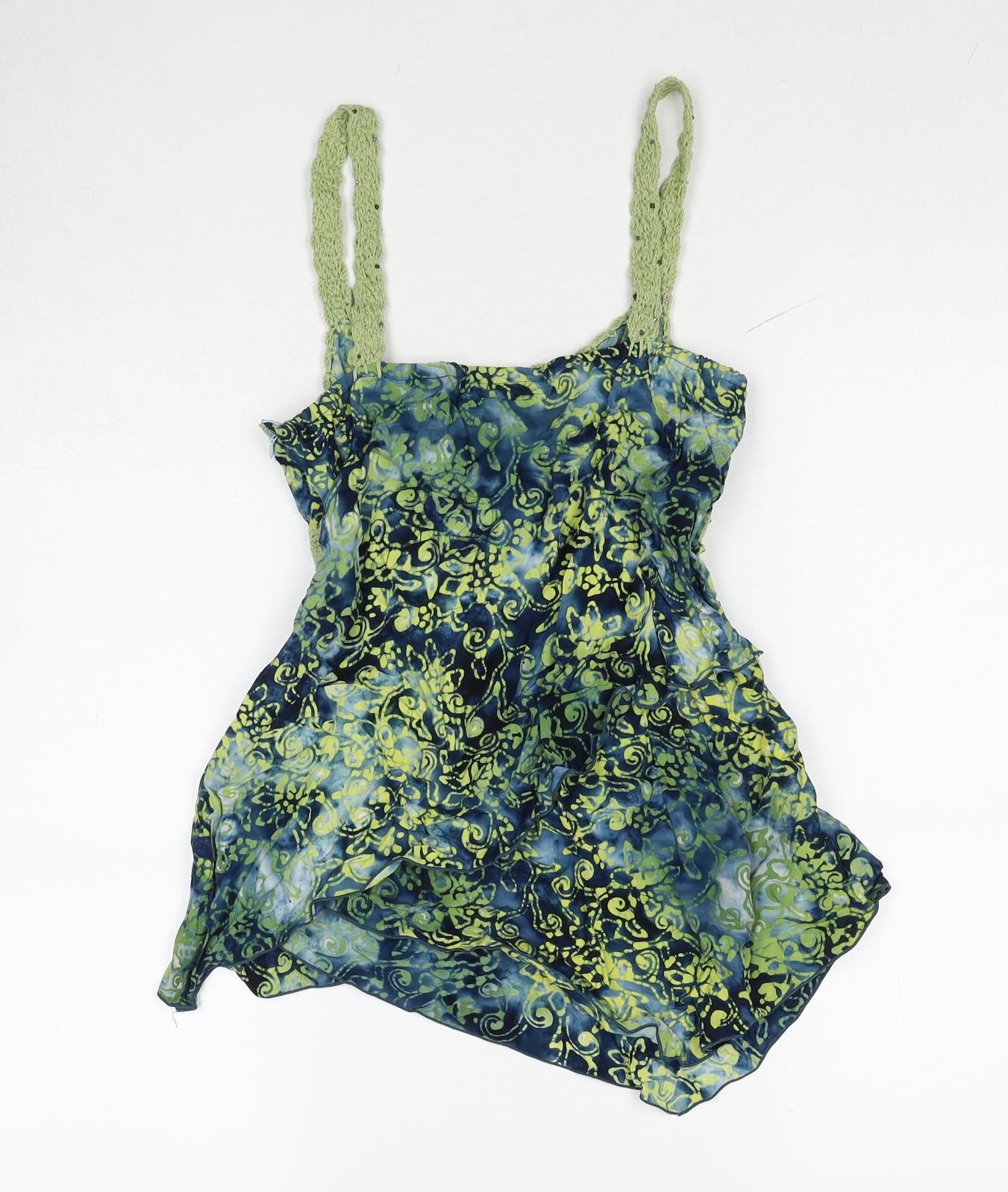 Santiki Womens Green Geometric Cotton Camisole Tank Size M Scoop Neck - Crochet Detail