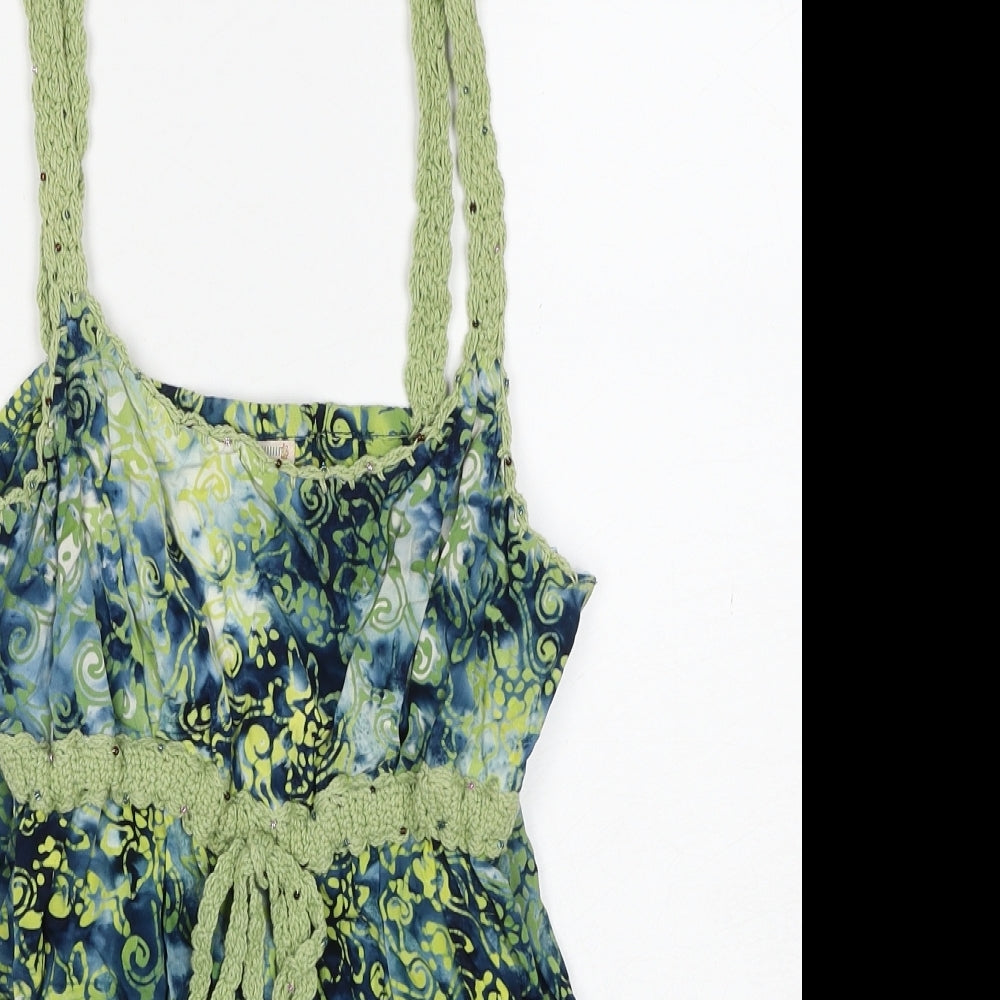Santiki Womens Green Geometric Cotton Camisole Tank Size M Scoop Neck - Crochet Detail