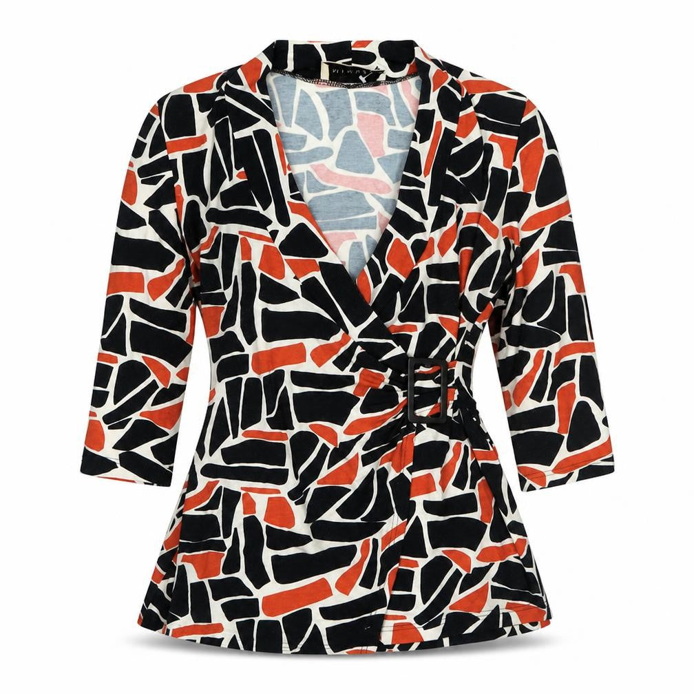 Front view of Minuet women’s multicoloured geometric viscose basic blouse, size UK 10, collared - wrap style