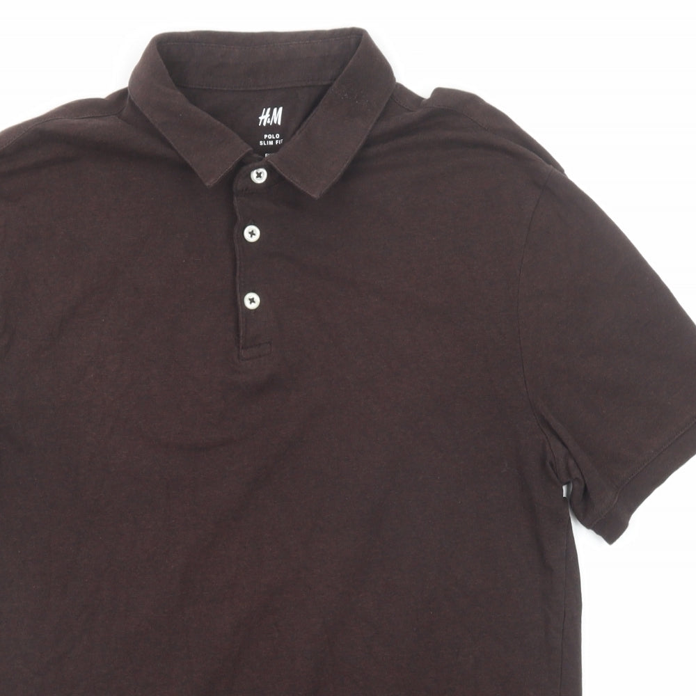 H&M Mens Brown Cotton Polo Size M Collared Button